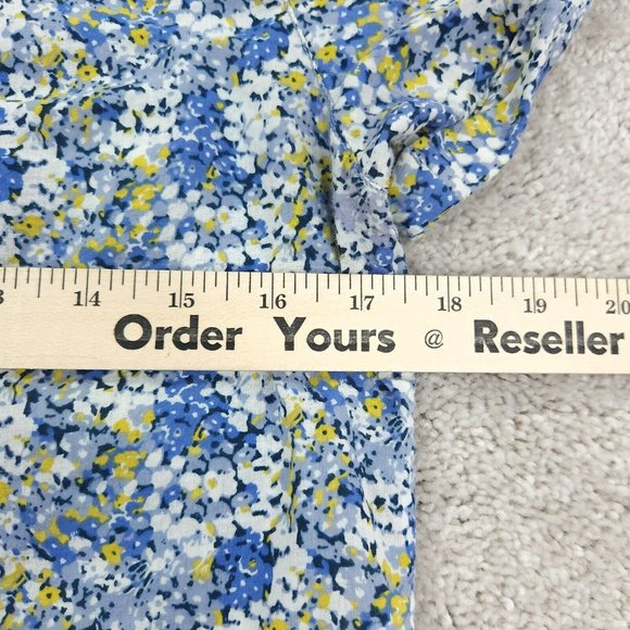 Eddie Bauer Shirt Women's Medium Blue Floral Button Front Short Sleeve Ruffle - Picture 6 of 8